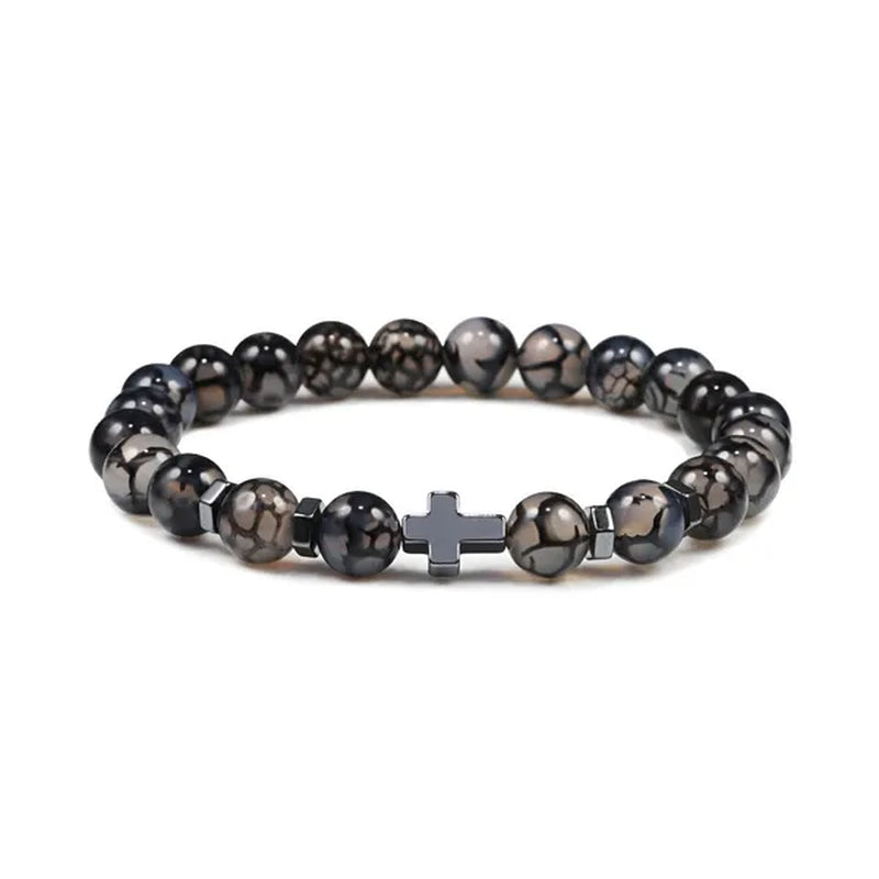 Hot Men Natural Tiger Eye Beads Hematite Cross Bracelets Onyx Meditation Prayer Bead Bracelet Women Stone Yoga Jewelry Homme