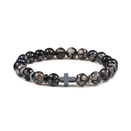 Hot Men Natural Tiger Eye Beads Hematite Cross Bracelets Onyx Meditation Prayer Bead Bracelet Women Stone Yoga Jewelry Homme