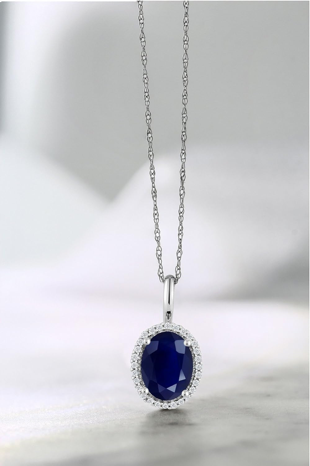 10K White Gold Gemstone Birthstone and White Diamond Necklace | Halo Pendant Necklace for Women | Oval 8X6MM | White Gold Necklace | with 18 Inch Chain