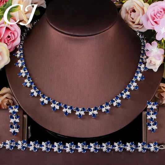 CANDICE Prom Party 3Pcs Jewelry Set Pave Blue Cubic Zircon Leaf Flower Charm Necklace Earrings and Bracelet for Ladies