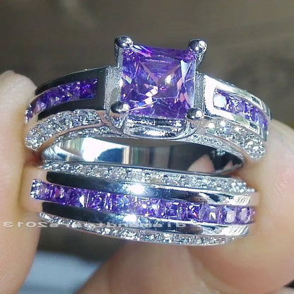 2Pcs/Set Princess Luxury 925 Silver Plated Amethyst CZ Gemstones Wedding Set Rings Size 6-11  (Choice Color and Size )