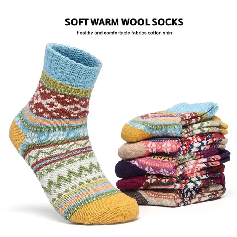 5Pairs Winter Knitting Cashmere Warm Cotton Soft Thicken Women Men Socks  Assorted Patterns Wool Sock For Men and Women