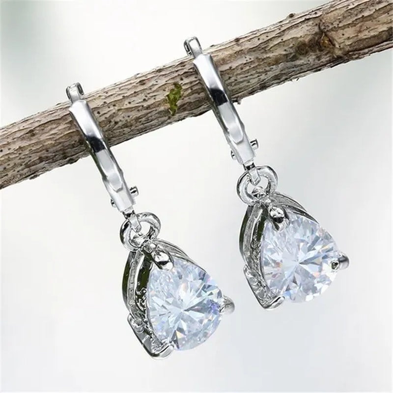 Women Silver Plated Pink Blue Cubic Zirconia Earrings Water Drop Pendant Earrings Bride Wedding Engagement Anniversary Gift Jewelry