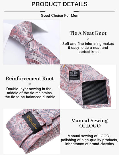 Paisley Ties for Men Silk Necktie and Pocket Square Cufflinks Tie Clip Set Woven Classic Mens Tie for Wedding Party