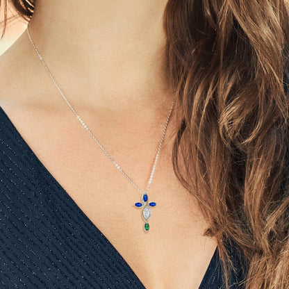 Cross Necklace for Women in 925 Silver and 10K Yellow Gold with Moissanite and Created Sapphire and Nano Emerald | 1.47 Cttw | Jesus Christian Religious Crucifix | Marquise 8X4MM | 18 Inch Chain