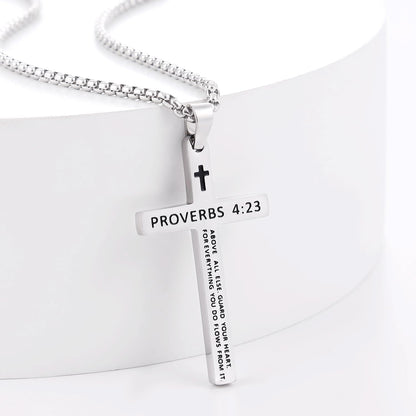 Bible Verse Cross Necklace for Men, Stainless Steel Mens Necklace, Black/Gold/Silver Tone Cross Pendant for Men