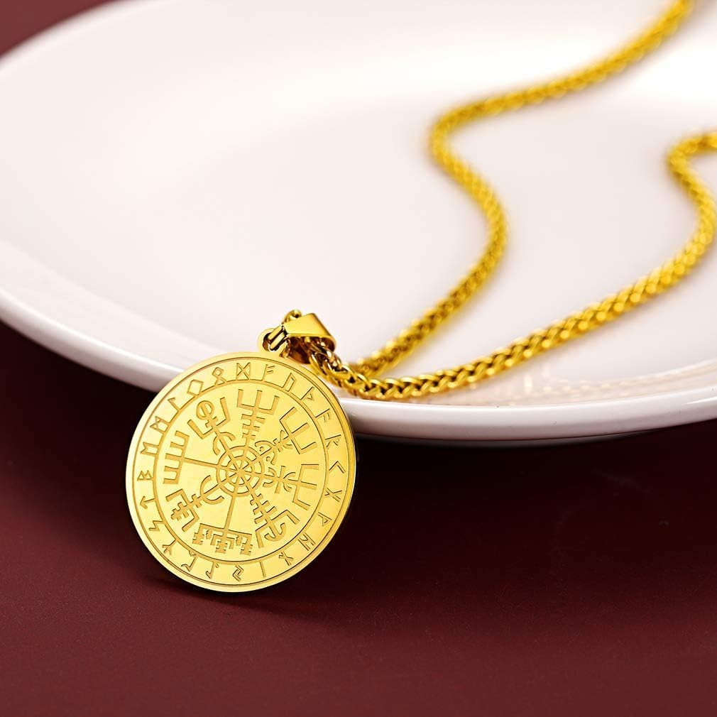 Viking Medal Necklace for Men Sturdy Stainless Steel Pendant Necklaces Retro Norse Mythology Jewelry with Gift Box