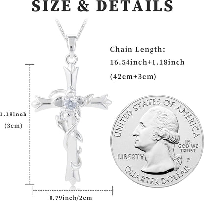Cross Necklace for Women | Silver Faith Birthstone Cross Pendant with Birth Flower Jewelry Gifts for Teen Wife Women for Birthday Anniversary