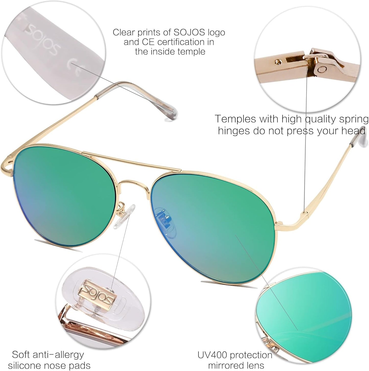 Classic Aviator Sunglasses for Women Men Metal Spring Hinges SJ1030