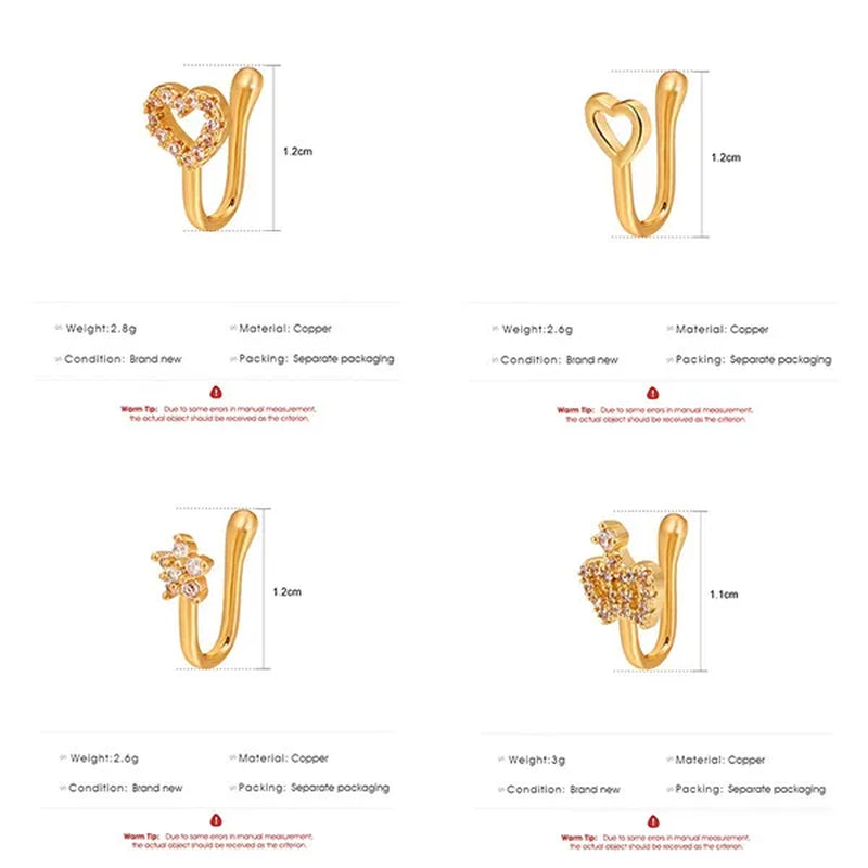 1 PC Crystal Diamond Zircon Star Heart Moon Fake Piercing Nose Ring Copper Spiral Non Piercing Clip on Nose Ring Ear Clips Cuff Fashion Body Jewelry