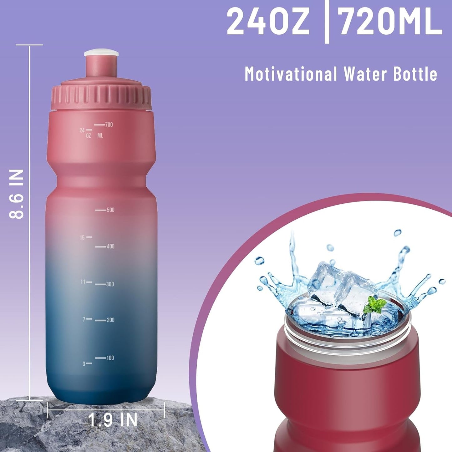 Bike Water Bottle 720Ml with Soft Silicone Mouthpiece, 24Oz Sports Squeeze Bottle for All Fitness and Cycling Fast Flow Valve (2PACK RED BLACK)
