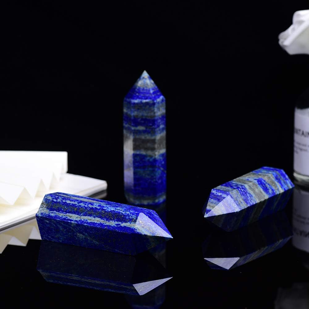Blue Lapis Lazuli Natural Healing Crystal Wands Height 2"-2.4", 6 Faceted Prism Wand Reiki Chakra Stone, Natural Quartz