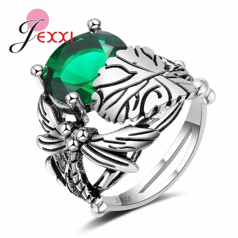 New Arrival Unique Design Dragonfly Leaf Band 925 Sterling Silver Jewelry Red Blue Green Clear AAA+ Zircon  Ring