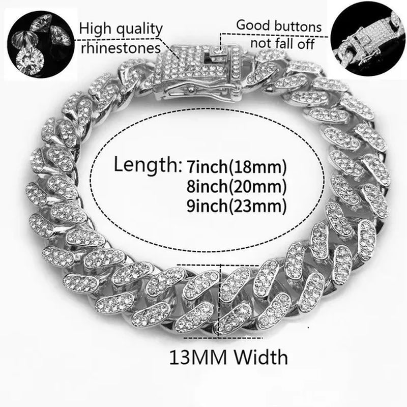 A Set(Bracelet+Necklace) 13MM Width Cuban Link Chain Gold Silver Plated Bling Miami Cuban Necklace Bracelet Diamond Chain for Fashion Men and Women Iced Out Hip Hop Jewelry Set - WORLD TIME VISITS