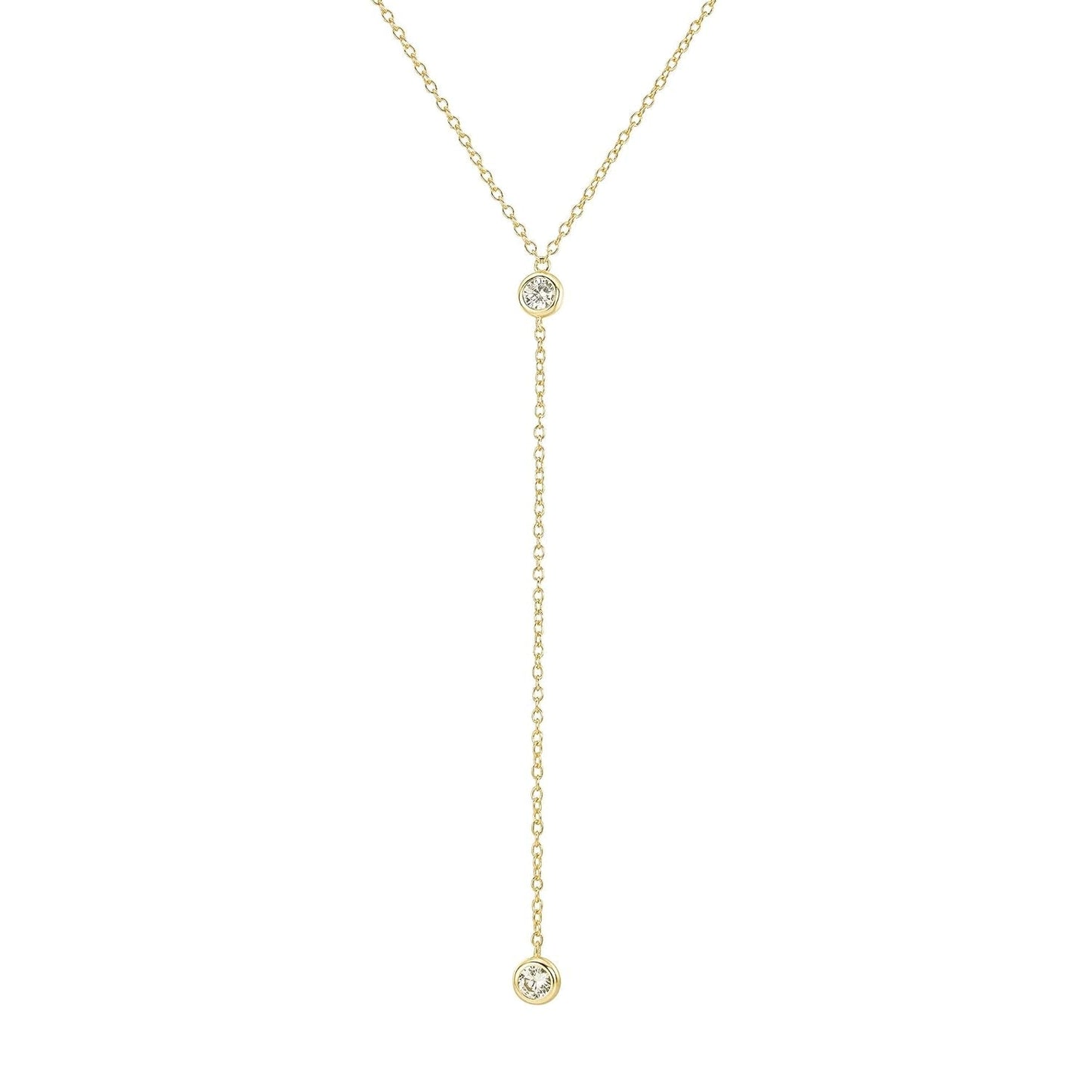 14K Gold Vermeil Lariat Necklace with 2 CZ Diamond in a 3.25" Dainty Drop Pendant, 16" - 19" Gold Dipped Sterling Silver Long Necklace for Women - WORLD TIME VISITS