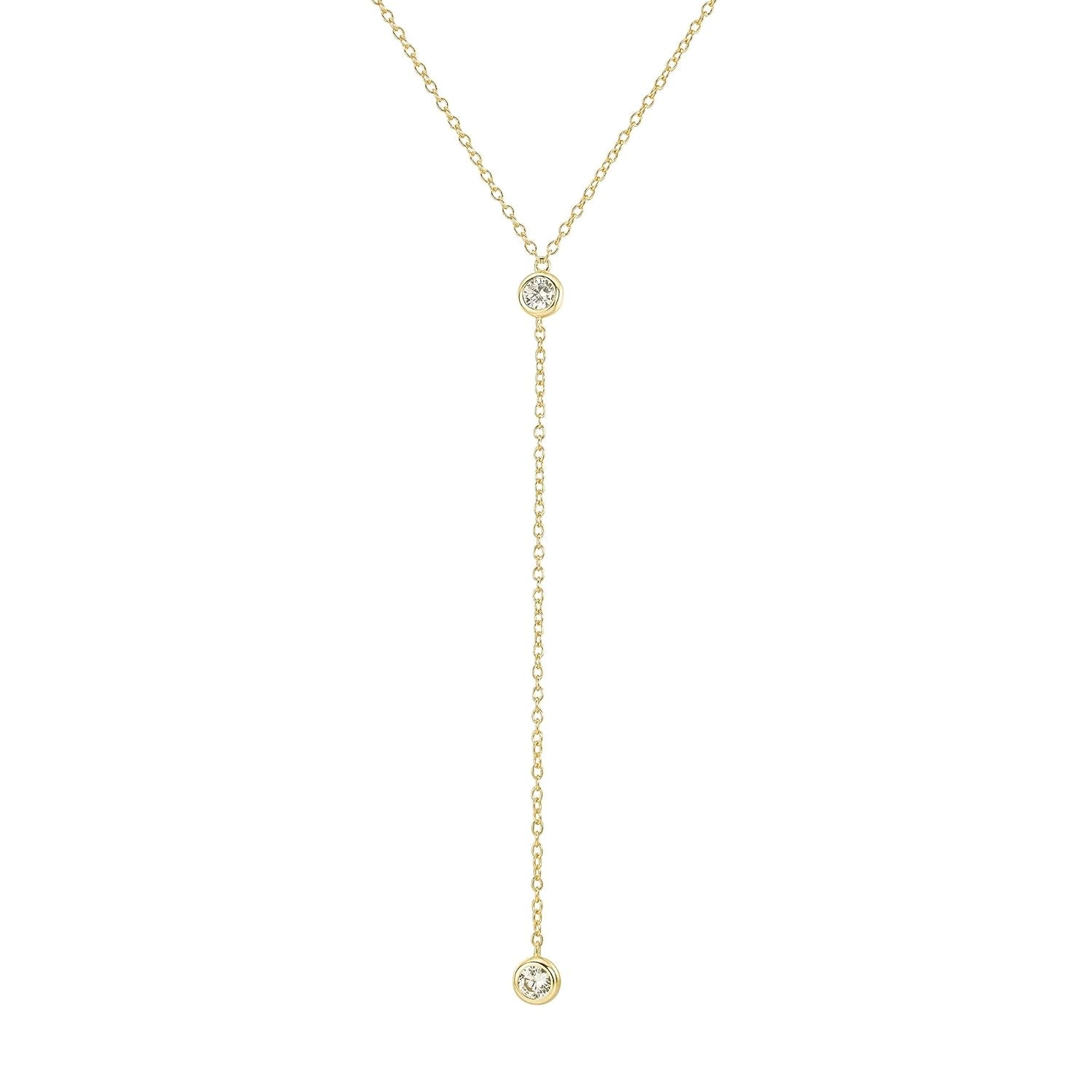 14K Gold Vermeil Lariat Necklace with 2 CZ Diamond in a 3.25" Dainty Drop Pendant, 16" - 19" Gold Dipped Sterling Silver Long Necklace for Women - WORLD TIME VISITS