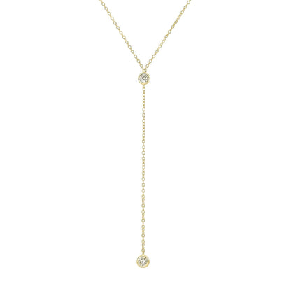14K Gold Vermeil Lariat Necklace with 2 CZ Diamond in a 3.25" Dainty Drop Pendant, 16" - 19" Gold Dipped Sterling Silver Long Necklace for Women - WORLD TIME VISITS