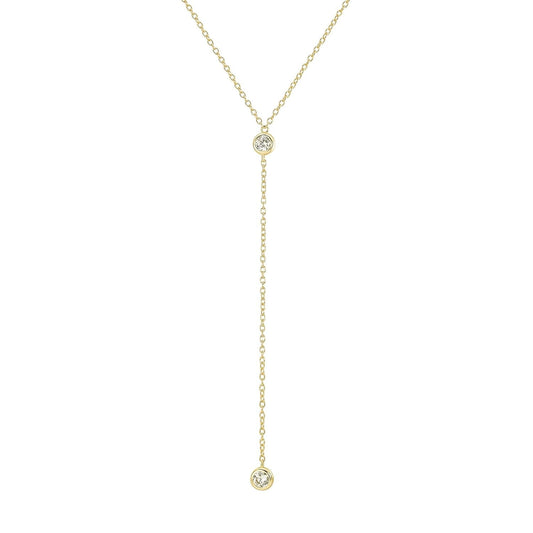 14K Gold Vermeil Lariat Necklace with 2 CZ Diamond in a 3.25" Dainty Drop Pendant, 16" - 19" Gold Dipped Sterling Silver Long Necklace for Women - WORLD TIME VISITS