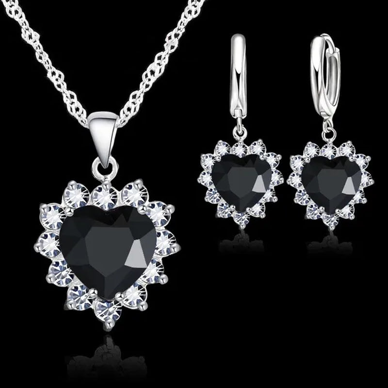 Trendy 925 Sterling Silver Jewelry Set for Women Heart CZ Stone Charm Pendants Necklaces Earrings LOVE Anniversary Gift