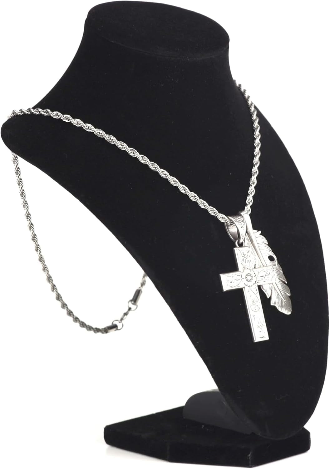Twister Cross & Feather Necklace, Silver, 24” Chain