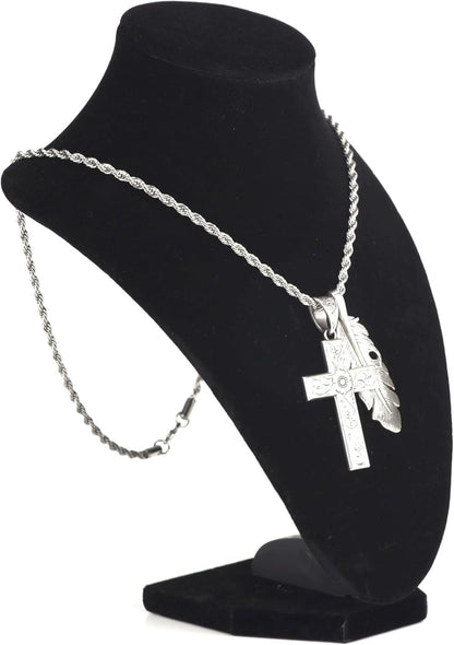 Twister Cross & Feather Necklace, Silver, 24” Chain