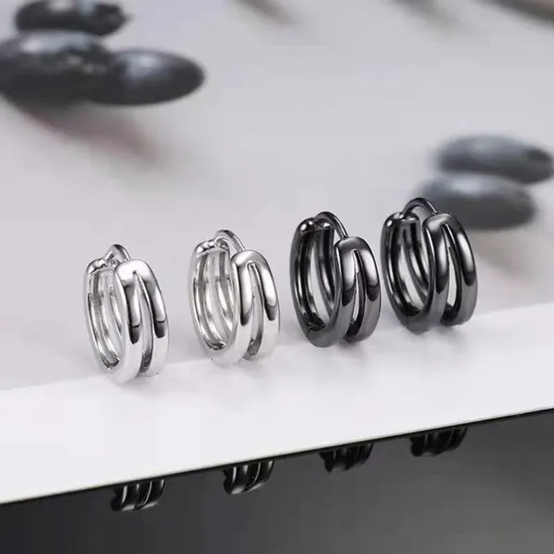 Stainless Steel Hoop Earrings Punk Style Multilayer round Double Hip Hop Earrings Gunblack Silver Plated Pierced Stud Earrings Men'S Jewelry