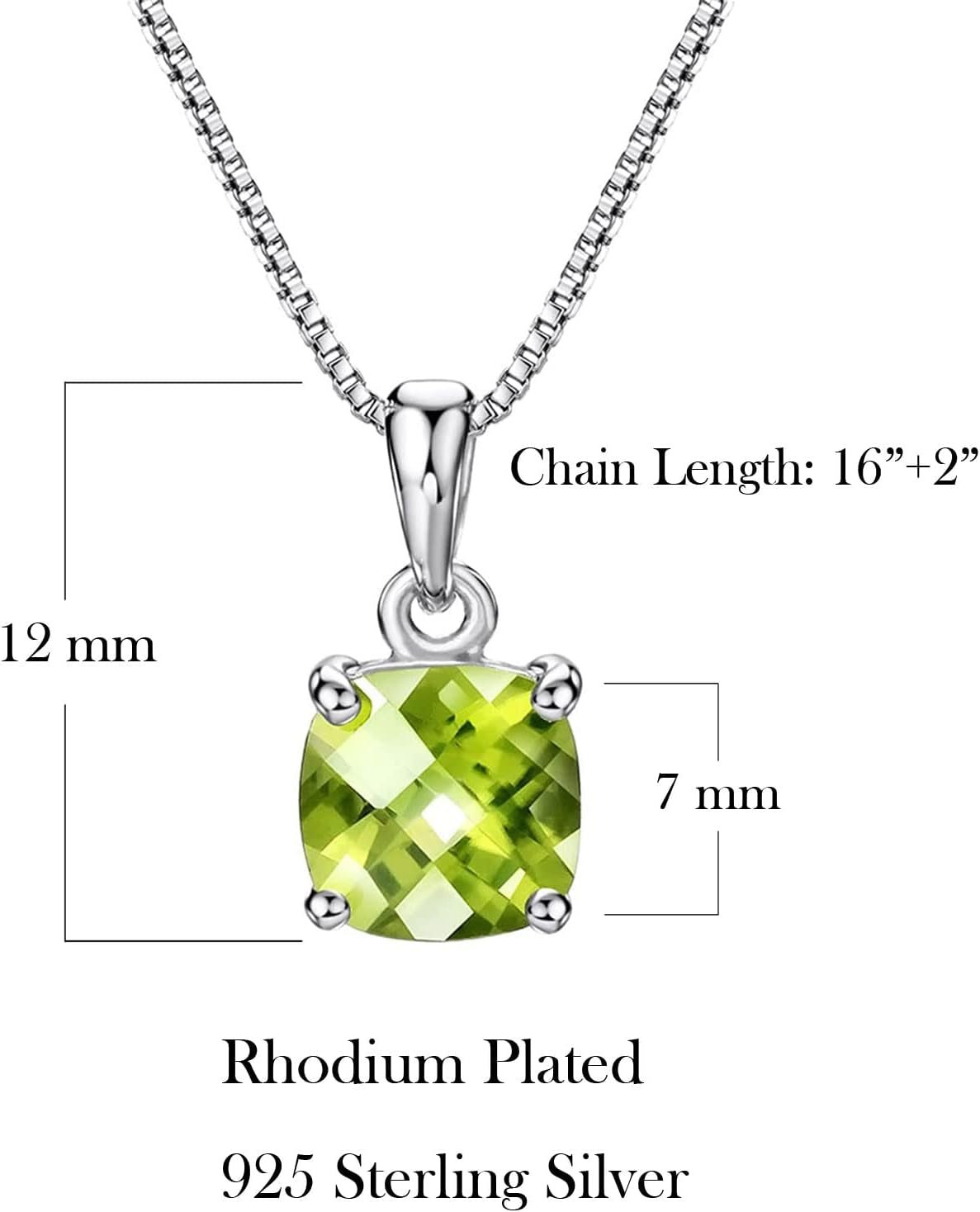 2Ct Cushion Cut Peridot Pendant Necklace for Women Sterling Silver Gemstone August Birthstone Women'S Necklace, 16-18 Inch