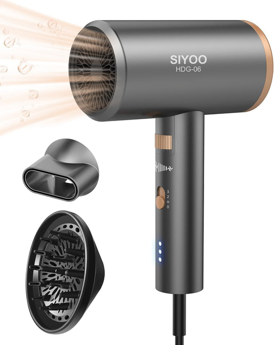 SIYOO Professional Hair Dryer, Ionic Blow Dryer with Diffuser and Nozzle, 1600 Watt Negative Ions Salon Lightweight Hairdryer Gold - WORLD TIME VISITS