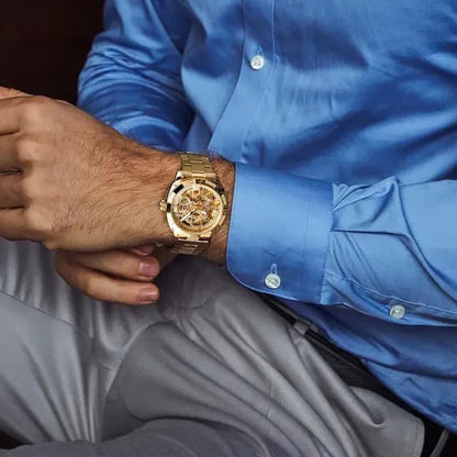 FORSINING New Top Quality Men Luxury Skeleton Automatic Winding Mechanical Watches Gold Stainless Steel Waterproof Wristwatch with Gift Box
