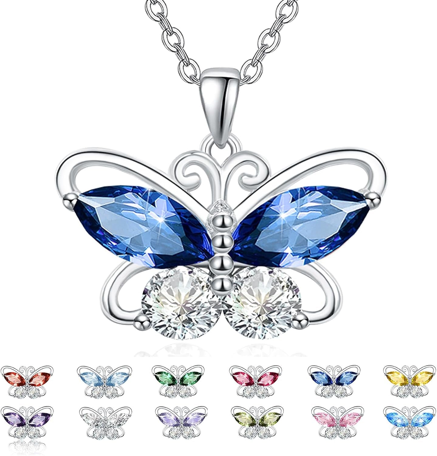 12 Birthstone Butterfly Pendant Necklace for Women 925 Sterling Silver Cubic Zirconia Butterfly Jewelry Christmas Wedding Birthday Gifts for Mom Wife Daughter - WORLD TIME VISITS