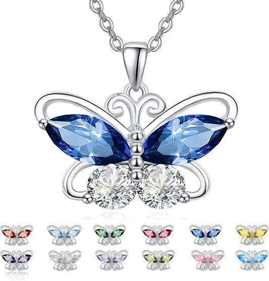 12 Birthstone Butterfly Pendant Necklace for Women 925 Sterling Silver Cubic Zirconia Butterfly Jewelry Christmas Wedding Birthday Gifts for Mom Wife Daughter - WORLD TIME VISITS
