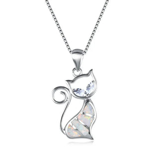 Fashion Elegant 925 Silver White Fire Opal Sapphire Cat Pendant Necklace Womens Jewelry Gifts