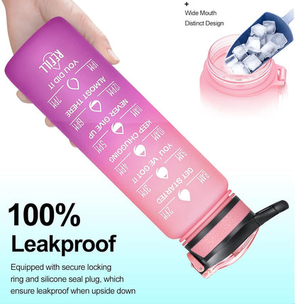 32/24 Oz Water Bottles with Removable Straw & Time Marker, Motivational Sports Bottles with BPA Free Tritan Material, Leakproof Water Jug for Fitness