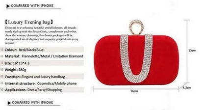 New 2014 Fashion Female Diamond U Shape Diamond Ring Velvet Evening Bag Luxury Finger Clutch Purse Wedding Party Bag with Chain