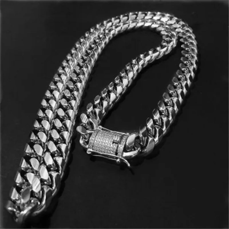 Men's Fashion 24K Gold/925 Silver Plated Solid 316L Stainless Steel Jewelry Shiny Diamond 1/2PCS Necklace Bracelet Miami Cuban Link Chain for Men 8/20/22/24/28/35inch