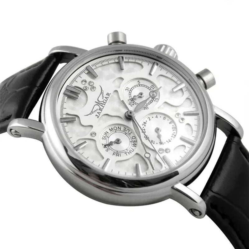 JARAGAR Automatic Mechanical Genuine Leather Strap Wrist Watch Luxury Gift for Men Fashion White Crystal Diamond Jewelry Accessories