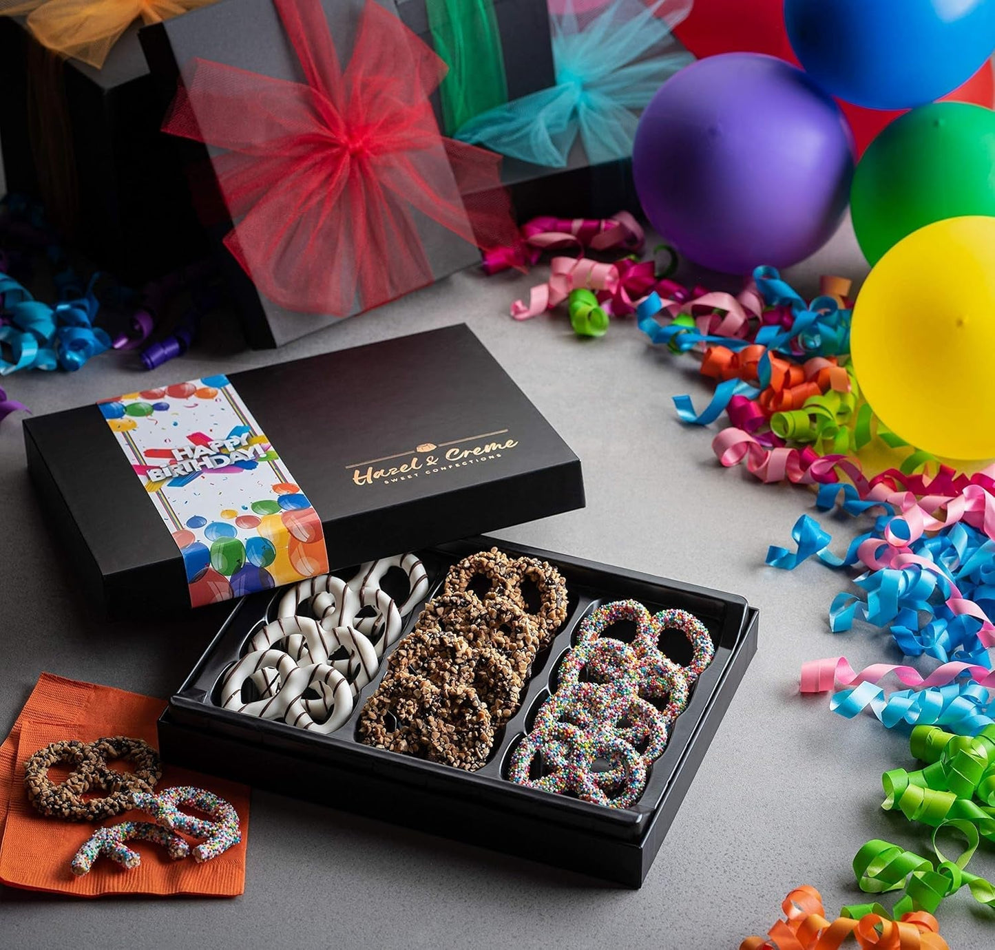 Birthday Pretzel Box - 12 Pieces - Birthday Chocololate Candy Gift - Dark Chocolate Covered Pretzels - Vegan Chocolate Pretzel Gift