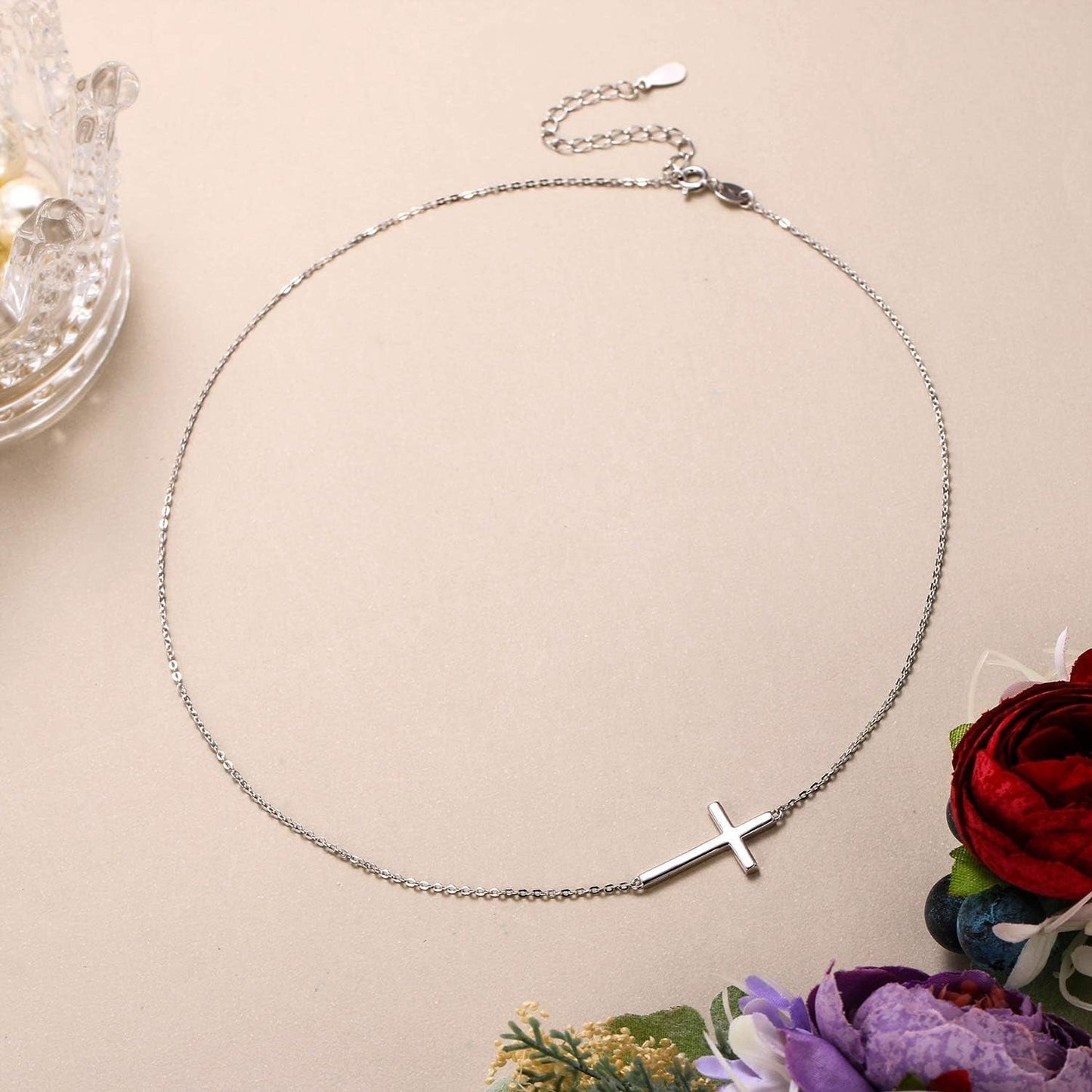 925 Sterling Silver Simple Sideways Cross Pendant Choker Necklace Birthday/Mothers Day/Valentines/Christmas Jewelry Gift for Women