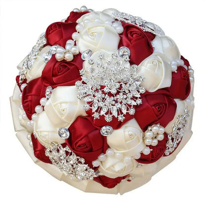 20CM Mixed Color Silk Ribbon Rose Wedding Flower Bouquet Luxury Pearl Crystal Brooch Bridal Bouquet Handmade Creative Bridesmaid Holding Flowers
