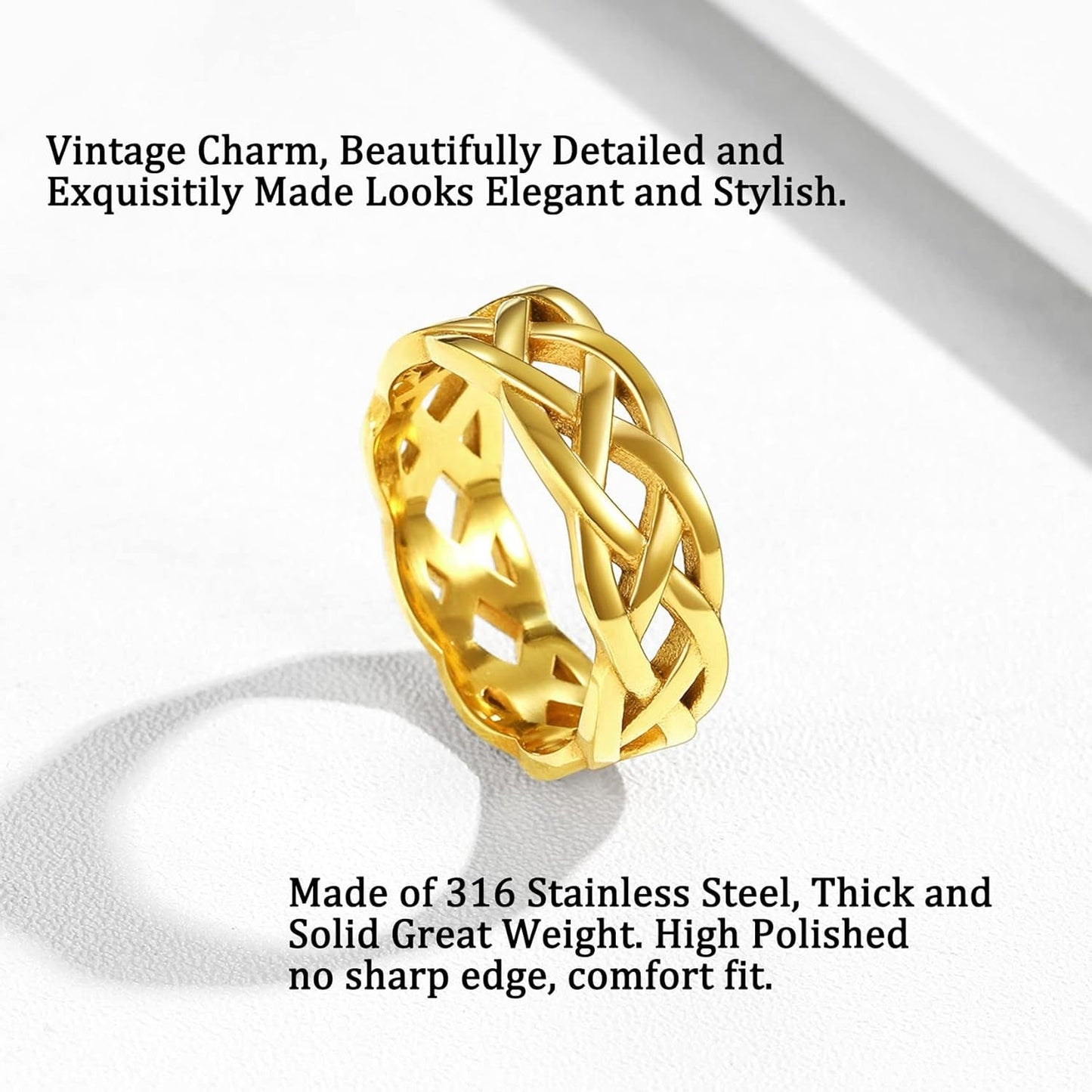 Celtic Rings in Three Classic Style, Solid Stainless Steel Band Ring in Gold/Silver/Black Tone, Simple Celtic Knot Eternity Finger Ring for Friendnship Wedding Engagement Promise