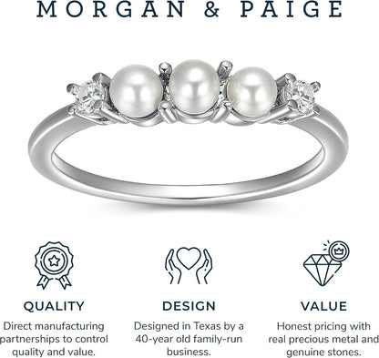 Rhodium Plated Sterling Silver Freshwater Cultured Pearl and Cubic Zirconia Ring for Women