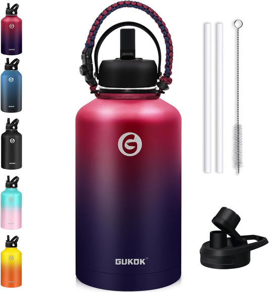 64 Oz Insulated Water Bottle with Straw & Paracord Handles & 2 Lids, Leak Proof Metal Water Jug, Hot Cold Stainless Steel Thermal Water Bottles, Half Gallon Large Water Flask for Sports, Gym - WORLD TIME VISITS