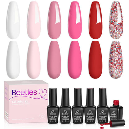 Beetles Pink Gel Nail Polish Set -6 Colors Pink Gel Polish Nail Kit Red Nude Pink White Glitter Color Gel Fall in Love Collection Soak off Uv LED Nail Lamp Gift for Women & Girls