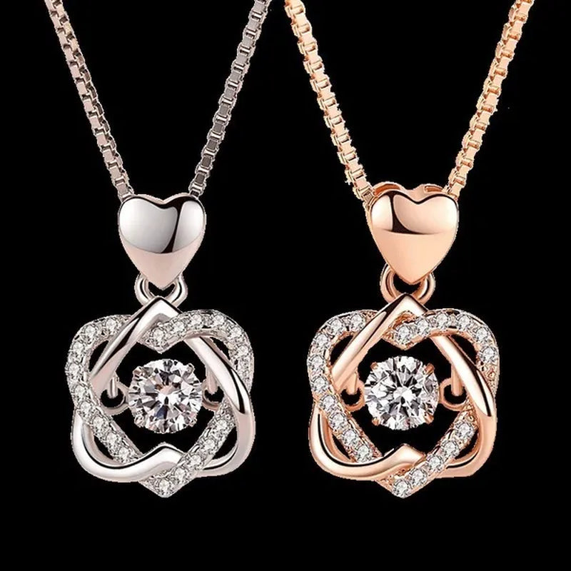 Fashion Romantic Double Heart Diamond Heartbeat Necklace Sapphire Flower Pendant Necklace with Zircon Rose Necklace for Women Engagement Jewelry