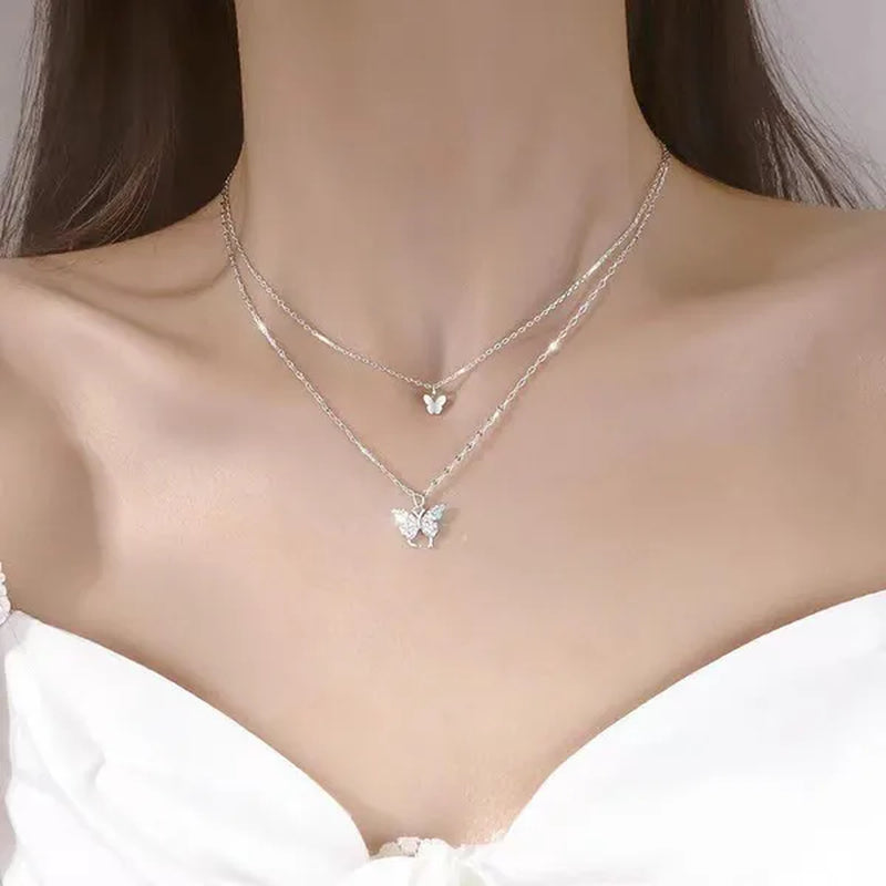 Delicate and Creative Women's Zircon Necklace Butterfly Necklace Double Layer Necklace Women's Geometric Necklace Butterfly Necklace Fashion Women's Jewelry Accessories Festival Wedding Engagement Valentine's Day Anniversary Gift Christmas Gift Jewelry