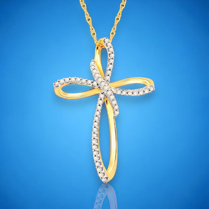 Cross Necklace Pendant with Natural White round Diamonds in 10K Rose, White or Yellow Gold, 18 Inch Rope Chain