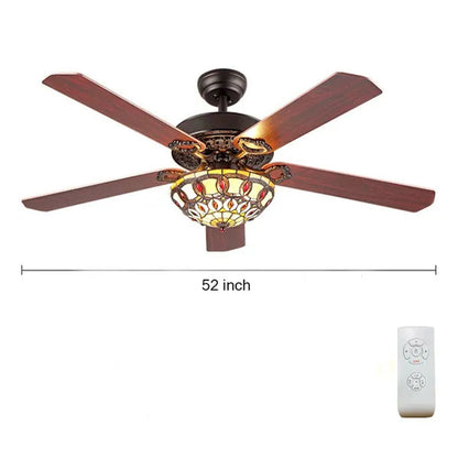 52" Ceiling Fan with Light, Tiffany Style Retro Stained Glass Chandelier Fan with Remote Control 4 Reversible Wood Blades 3-Speed