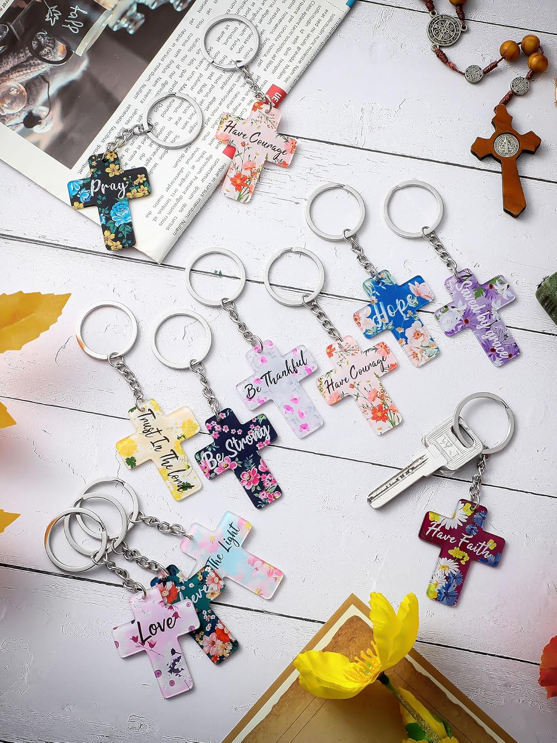 120 Pcs Bible Verse Keychains Christian Key Rings Cross Keychains Inspirational Acrylic Religious Key Rings Floral Bible Verse Jewelry for Women Men