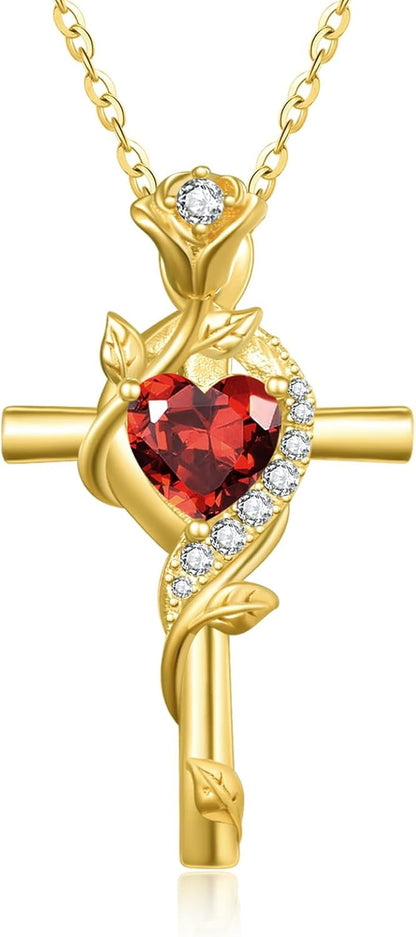 Rose Cross Necklaces for Women, 14K/18K/24K Gold/Rose Gold Cross Jewelry with Birthstone Pendant, Valentines Day Birthday Gifts for Women, 18+2 Inch Chain - WORLD TIME VISITS