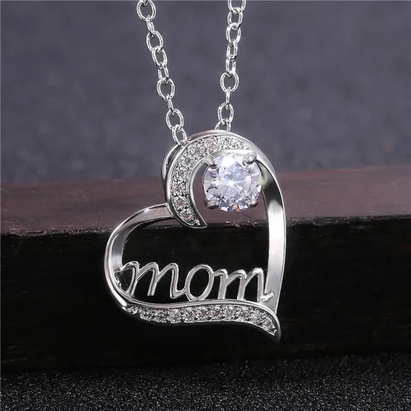 Love Mum Silver Plated Ruby MOM Character Emerald Necklace Jewelry Family Birthday Best Gift for Mother Mummy Party Wedding Band Necklace Christmas Gift